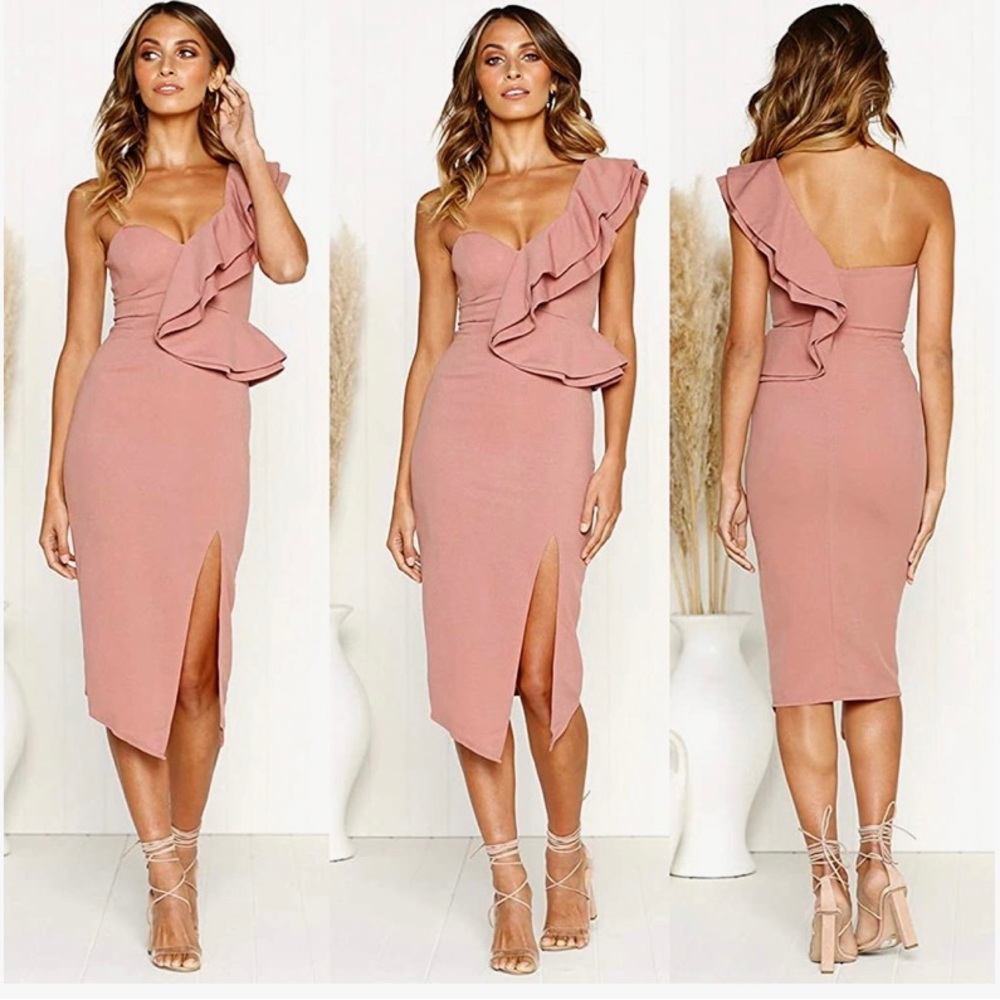 Pink midi one shoulder bodycon dress